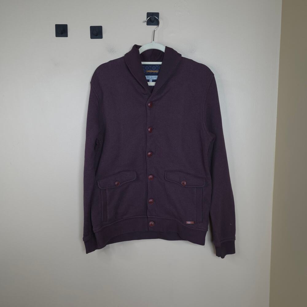 Ted Baker Farfell Shawl Collar Cardigan Sweater in Deep Purple Size 4/XL